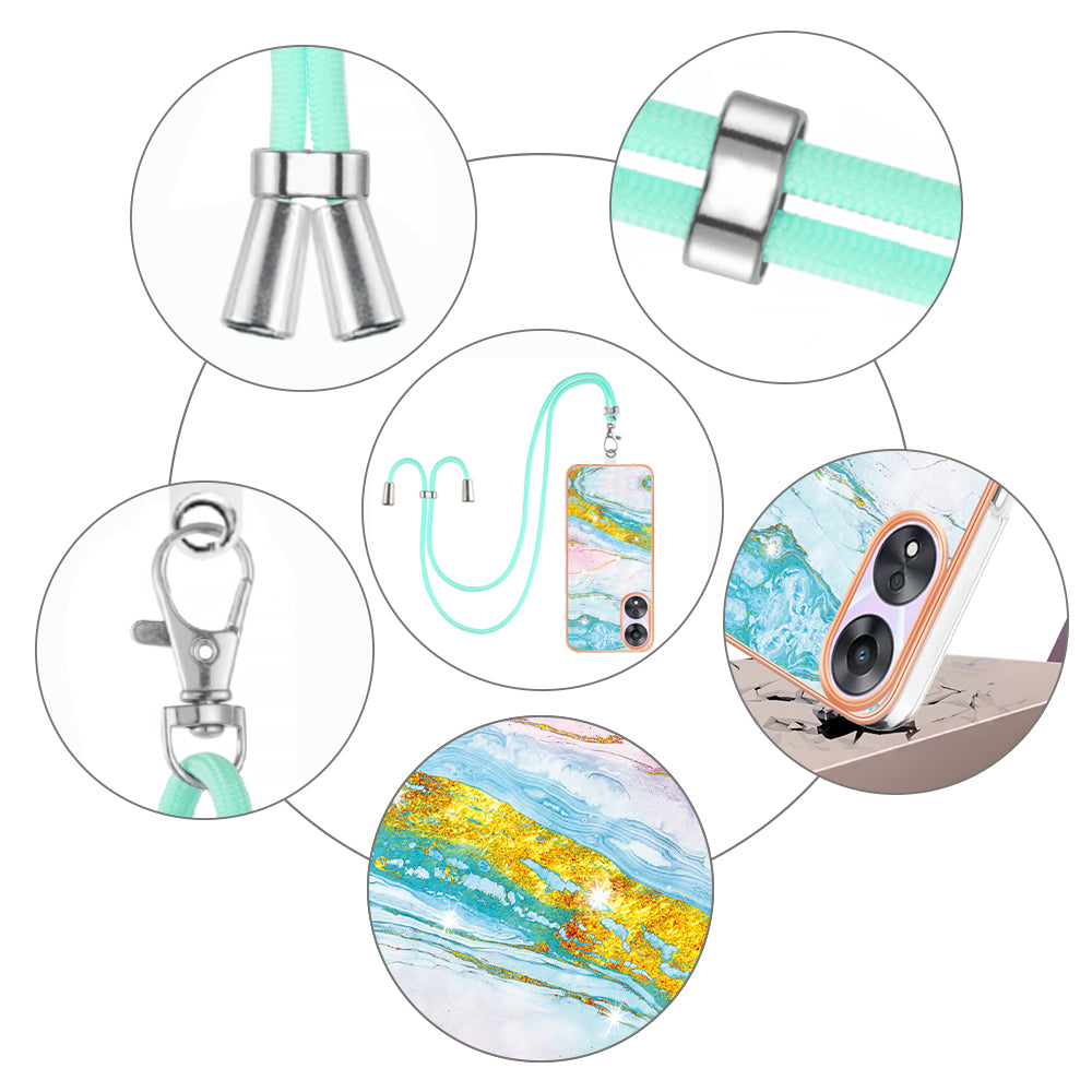 YB IMD Series-9 For Oppo A78 / A58 5G Electroplating Frame TPU Cover IMD Marble Pattern Phone Case with Lanyard - Green 004 YB IMD Series-9 For Oppo A78 / A58 5G Electroplating Frame TPU Cover IMD Marble Pattern Phone Case with Lanyard - Green 004